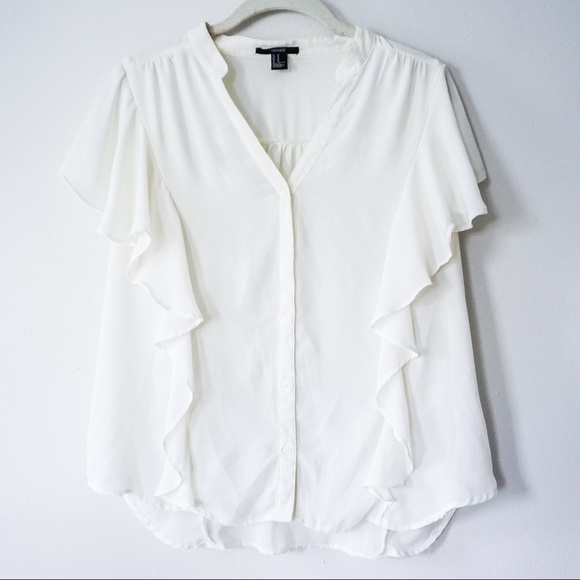 White Flutter Sleeve Button Down Blouse - Picture 1 of 6